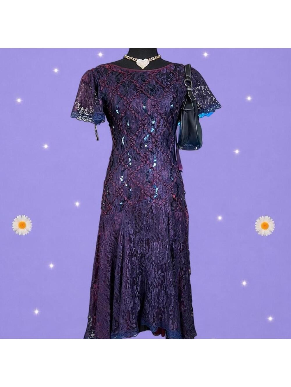 Vintage Y2K After Dark Whimsigoth Fairycore Lace Sequin Evening Dress size 6 💜